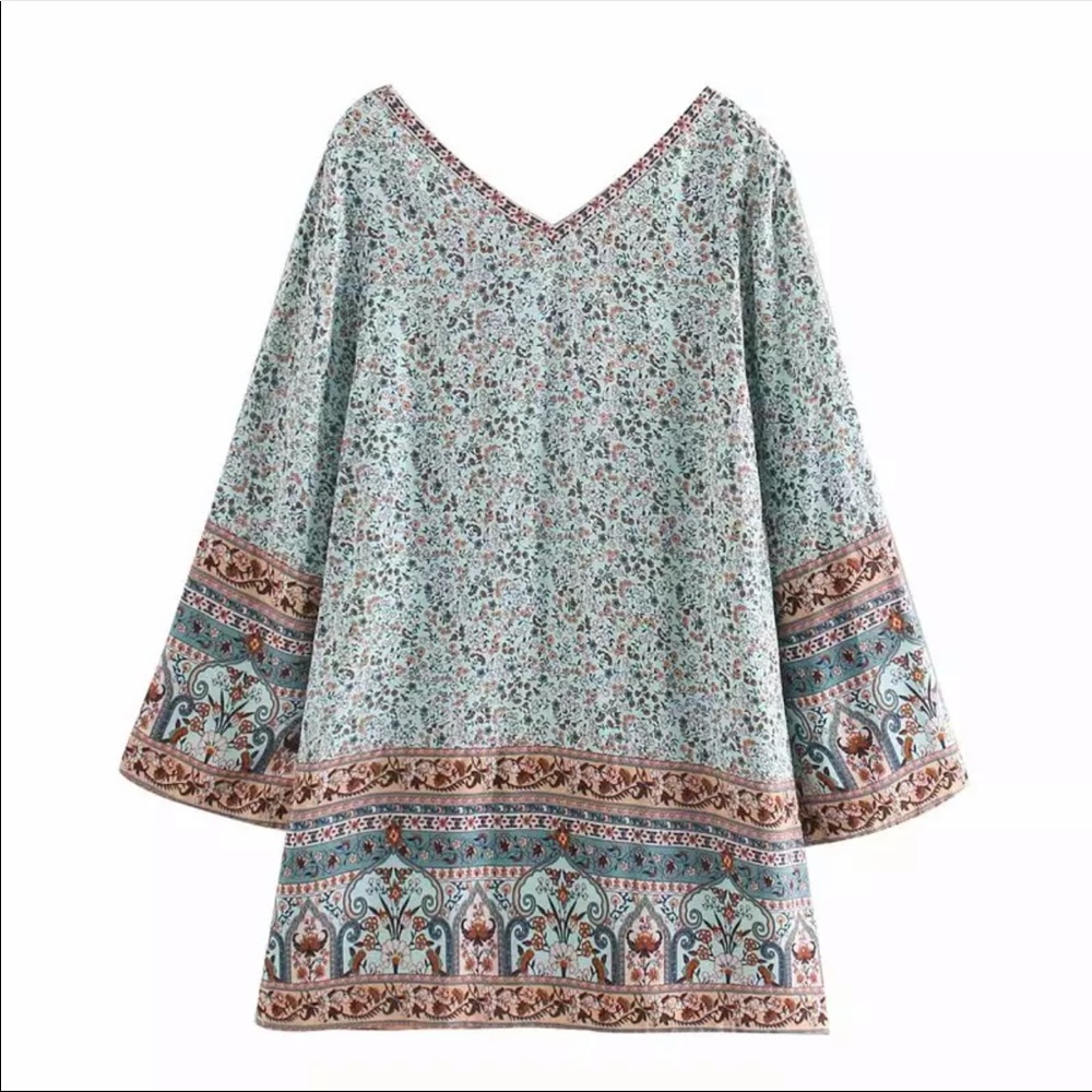 Boho Floral Gypsy Print V Neck Tunic Dress Blue - Picture 4 of 5